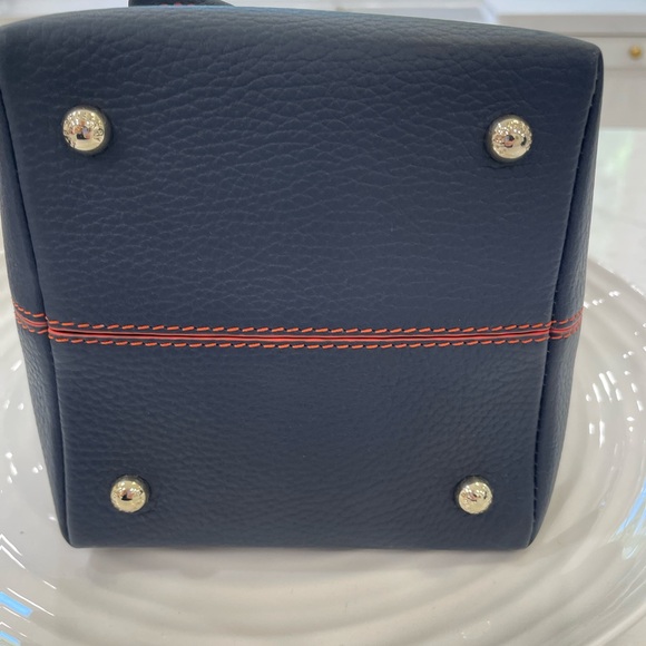 Strathberry Lana Osette Bucket Bag Cashmere & Leather, Navy w Maple Edgestitch. - Picture 4 of 7